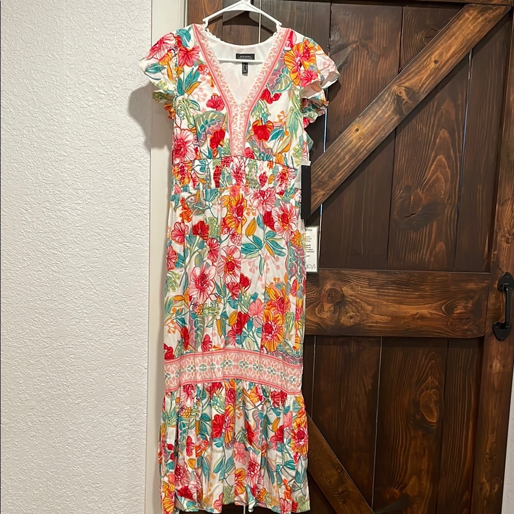 NWT Adrianna Papell Red and Green Flutter Sleeve Maxi Sundress